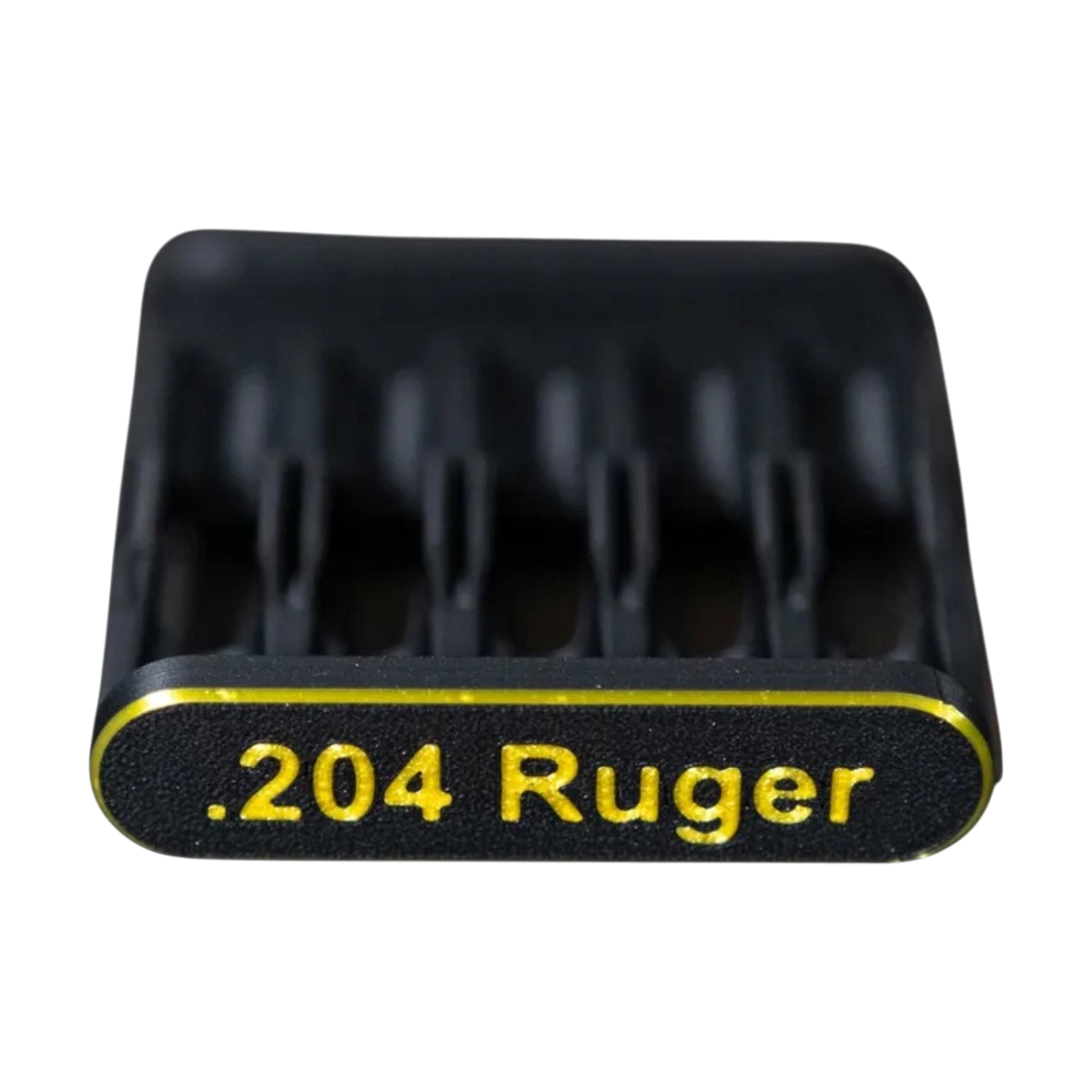 
3D-Druck aus dem Westerwald Patronenclip für 5 Schuss im Kaliber .204 Ruger aus robustem schwarzem PLA+ Kunststoff